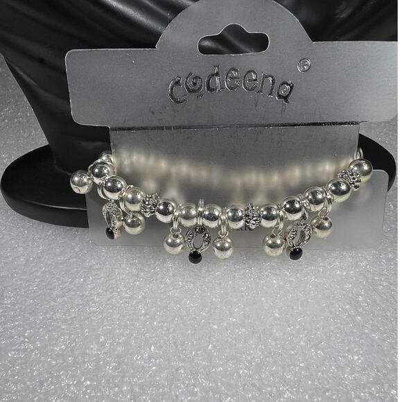Silver Tone Black Sparkly Beaded Stretch Bracelet Deadstock New on Card Retro - Picture 10 of 13